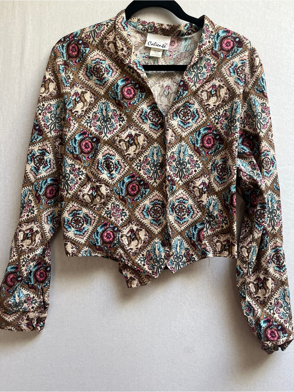 Vintage Caliente Western Floral Horse Print Lace Up Back Blouse M